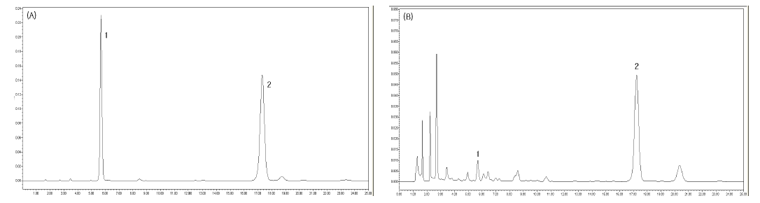 HPLC-UV chromatogram of standard mixture (A), and Polygalae Radix sample 10E1005 (B)