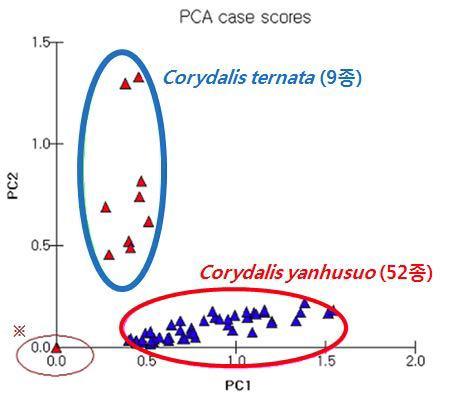 Principle component analysis (PCA) 2D-plotting of 65 Corydalis Tuber samples.