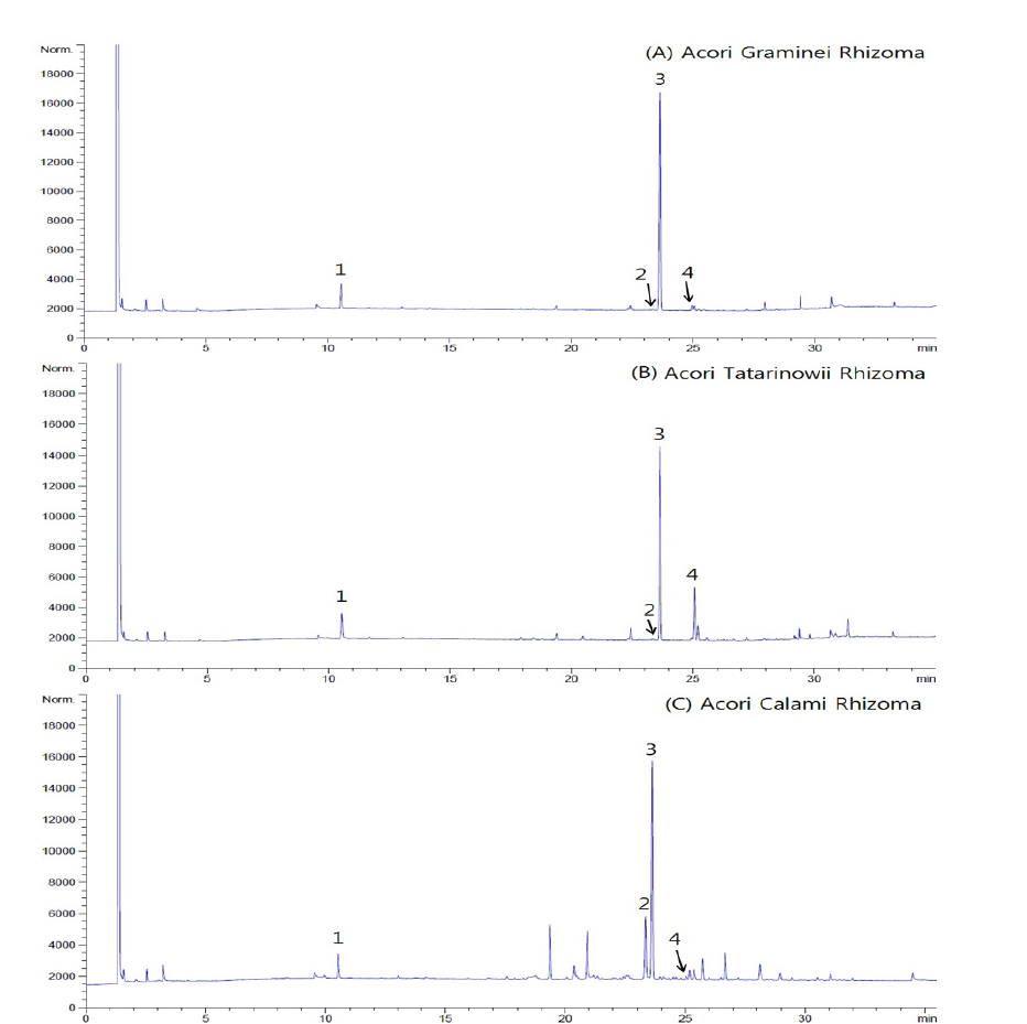 GC-FID chromatograms of (A) Acori Graminei Rhizoma, (B) Acori Tatarinowii Rhizoma and (C) Acori Calami Rhizoma
