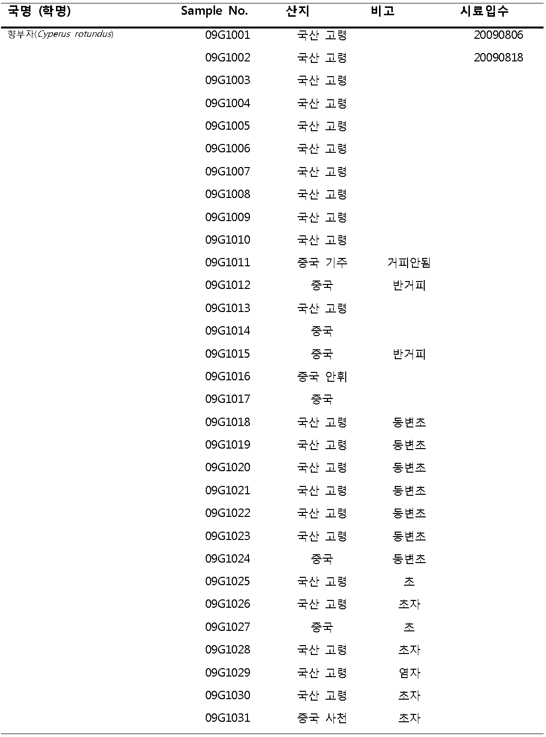 향부자 분석 시료