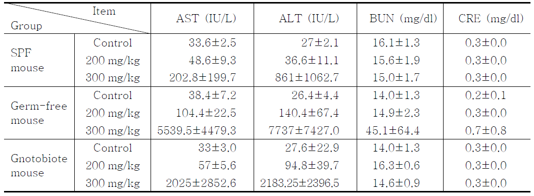 Blood biochemistry results after oral administration of acetaminophen in germ-free, gnotobiote and SPF mice (2차 동물실험 결과)