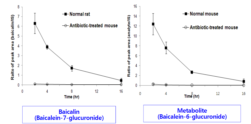 Mean serum concentration-time curves of baicalin and its major metabolites after oral administration of baicalin (100 mg/kg) in normal and antibiotic-treated mice.