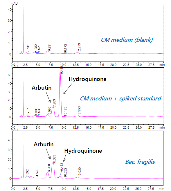 HPLC chromatograms of arbutin and hydroquinone in CM medium. B. fragilis was cultured in the presence of arbutin for 24 h.