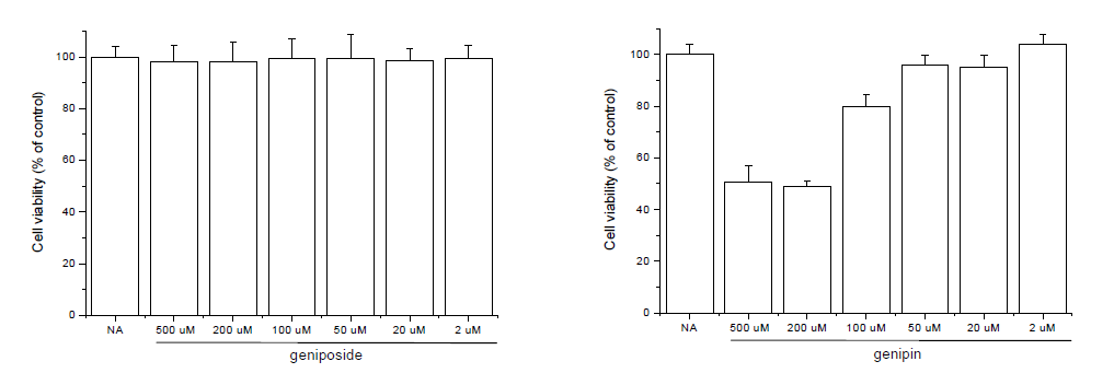 Effect of geniposide and genipin in hepatoma cells. The cells were cultured in the presence of various concentrations of geniposide and genipin for 24 h. After the treatment, cell viability was measured with an MTT assay