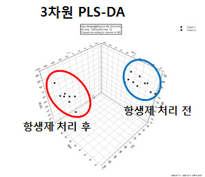 항생제 처리 전후의 뇨 시료 데이터에 대하여 PLS-DA을 실시하여 얻은 3 차원 score plot