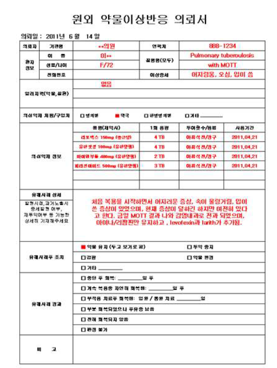 원외 약물이상반응 의뢰서 제작 및 지역 병의원 및 약국에 주기적 배포 및 의뢰 당부