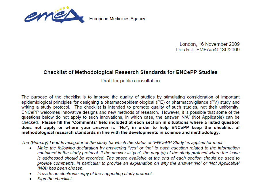 Checklist of Methodological Research Standards for ENCePP Studies