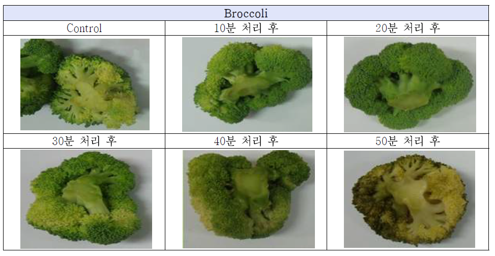 Color of broccoli before (control) and after treated with ultrasound for 10, 20, 30, 40, 50 min after 7 days storage at 4 ℃