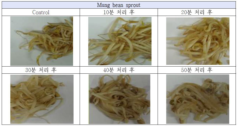 Color of mung bean sprout before (control) and after treated with ultrasound for 10, 20, 30, 40, 50 min after 7 days storage at 4 ℃