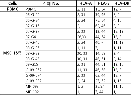 15종 공여자별 제대혈유래 중간엽줄기세포의 HLA typing 분석 결과