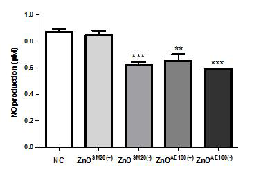 ZnO를 투여한 Mouse의 대식세포(macrophage)의 NO 생성능을 통한 기능 비교.