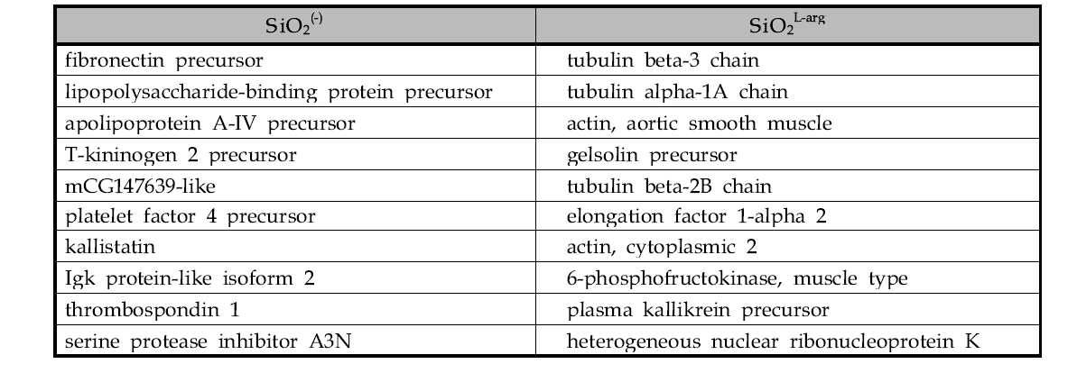 혈장에서 SiO2ENB20,(-), SiO2ENB20,L-arg에 특이적으로 결합한 단백질 리스트