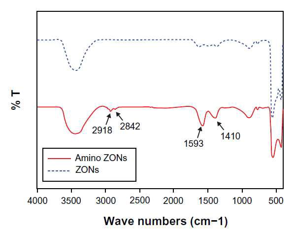 ZnOSM20,(-), ZnOAE100,(-) 표면 개질 후 EBEA-ZnO 나노물질의 FT-IR 스펙트럼