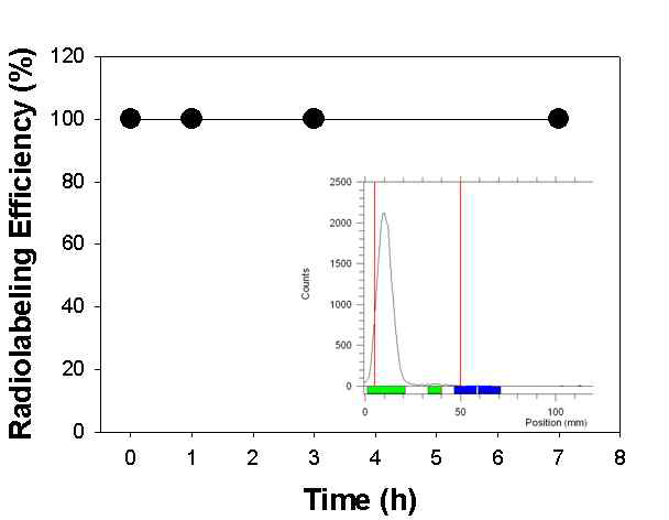 Click reaction을 이용한 실리카 나노입자에 18F 방사성동위원소 표지 후 HCl 용액 (pH 1.2)에서의 표지 안정성 측정 그래프. (Insert 그래프는 표지 효율을 측정한 TLC 그래프 결과임).