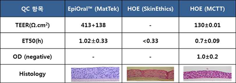 IHOK 세포주를 이용한 구강점막모델의 품질보증 결과