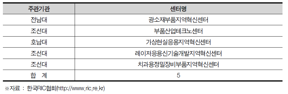 광주광역시 지역혁신센터(RIC) 현황