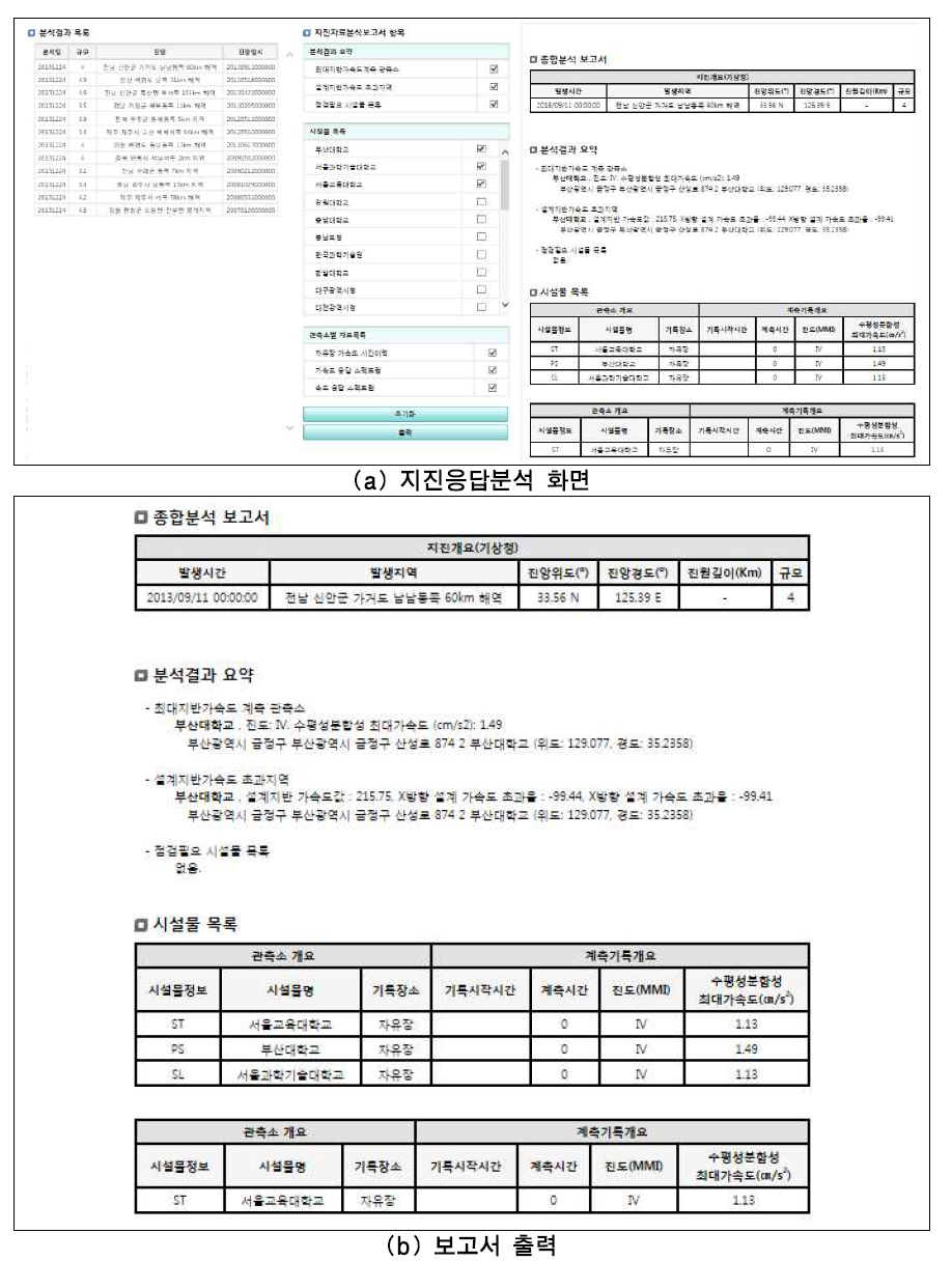 지진응답분석 화면 및 보고서 출력