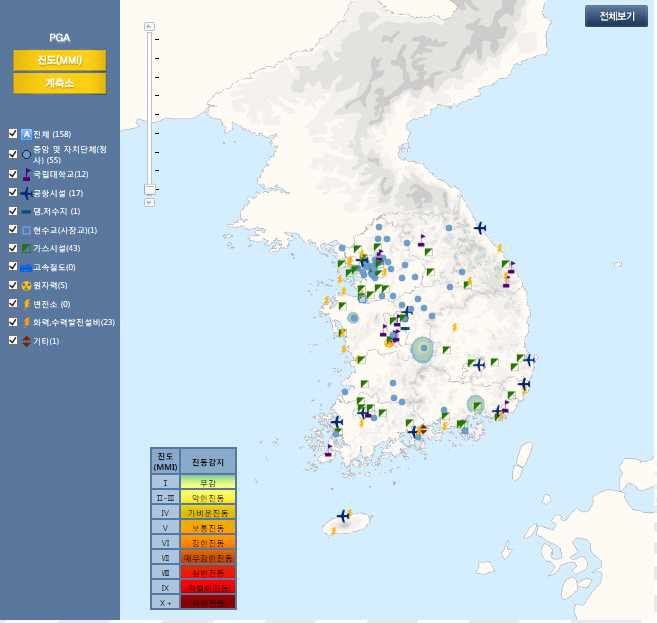 지도에 표출된 진도 (MMI) 분포도