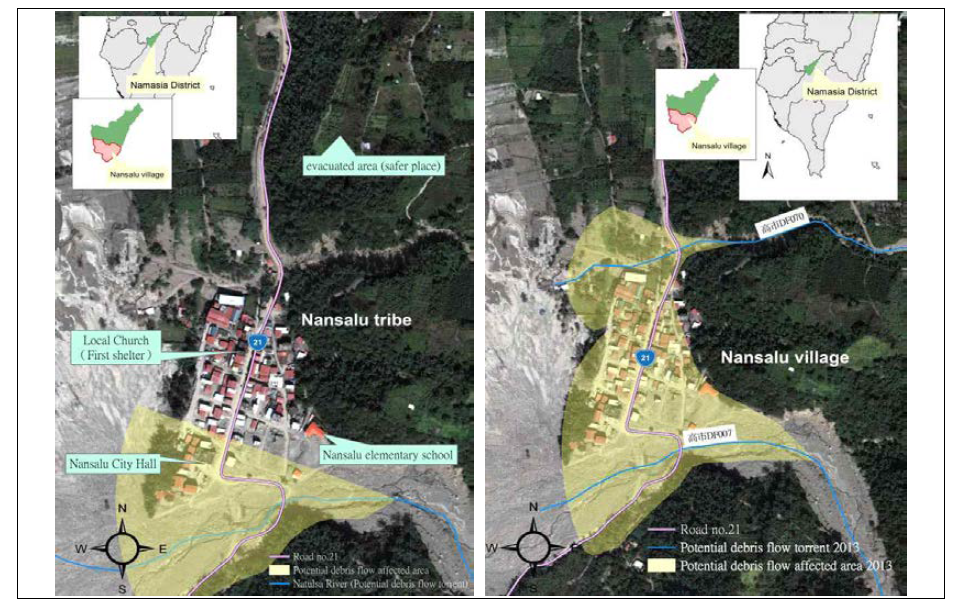 Nansali 마을의 잠재적 토석류 위험 지역의 변화