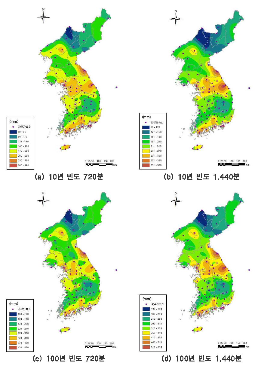 남․북한 기상관측소 확률강우량도