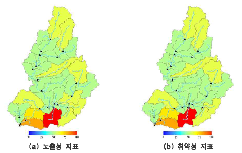 임진강 유역 홍수 노출성 및 취약성 지표 표출도