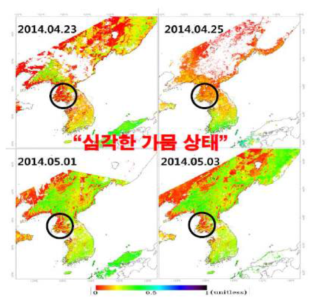 MODIS ESI의 2014년 4월~5월 한반도 공간 분포도