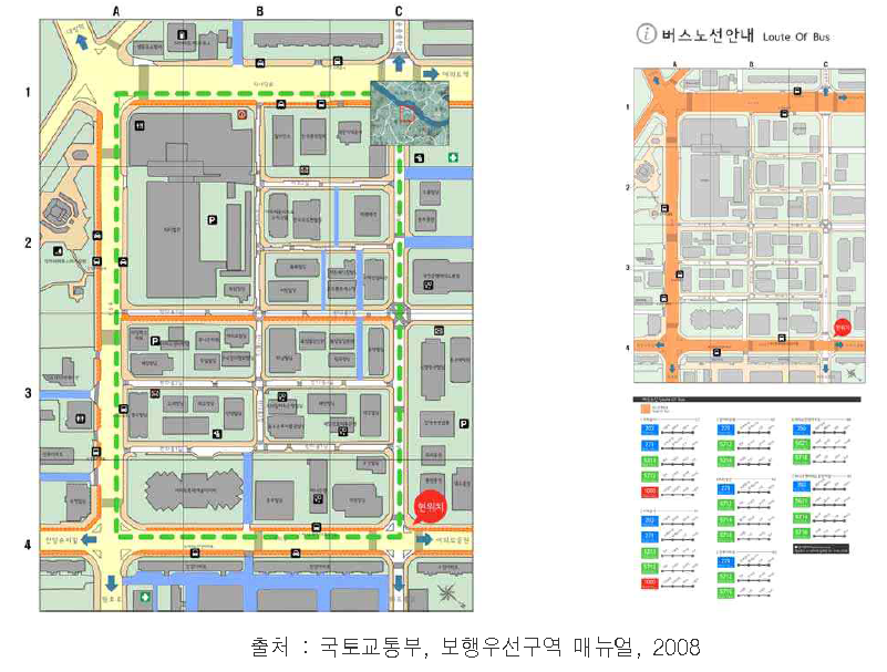 지도 구성 예시(좌), 대중교통안내면 설치 예시(우)