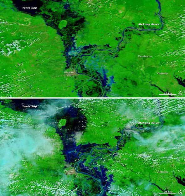 메콩강 홍수를 촬영한 MODIS 영상 2012.10.25(전), 2013.10.21(후)