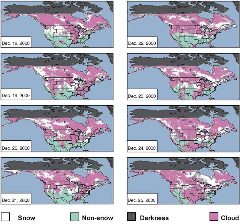 북미지역의 MODIS snow map(일 단위) -2000년 12월 18일~25일