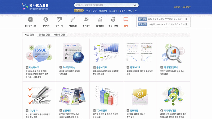 사용자별 맞춤서비스를 고려한 국가과학기술 통합지원 지식베이스 화면