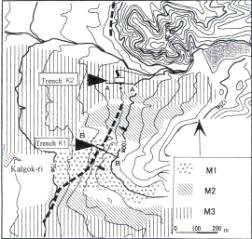 갈곡단층과 트렌치 위치지점 (K1과 K2). 갈곡단층 주변지역의 하안단구 분포도