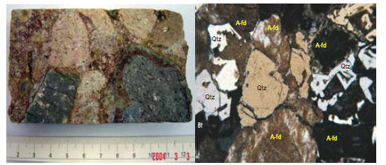 거력 노두사진(左)과 거력을 구성하는 세립질 화강암의 편광현미경 사진(右)