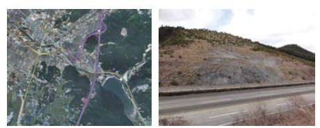 해미지점의 위치를 나타낸 영상(좌, 다음사진 인용)과 고속도로 서측 사면에 노출된 해미지점 단면(우)