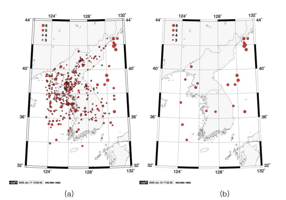 1960년 이후부터 1985년까지 북한 조선지진연구소에서 발표한 (a) 계기지진의 진앙분포도와 (b) 규모 5.0 이상의 지진의 진앙분포도