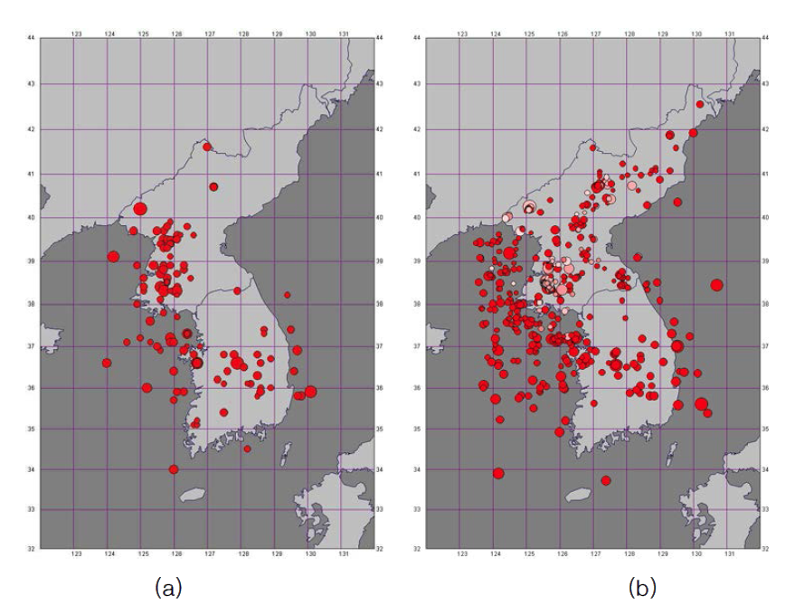 1978년부터 1985년까지 기상청과 북한 지진연구소 지진자료 비교 (a) 기상청, (b)북한 지진연구소