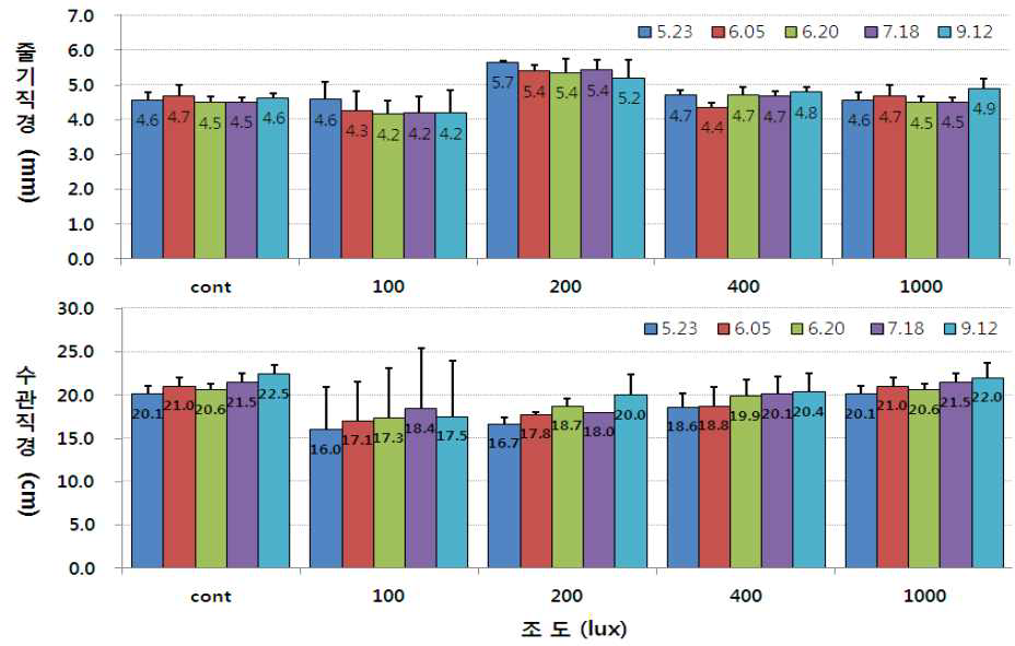후피향나무의 실내 조도별 줄기직경과 수관직경의 변화
