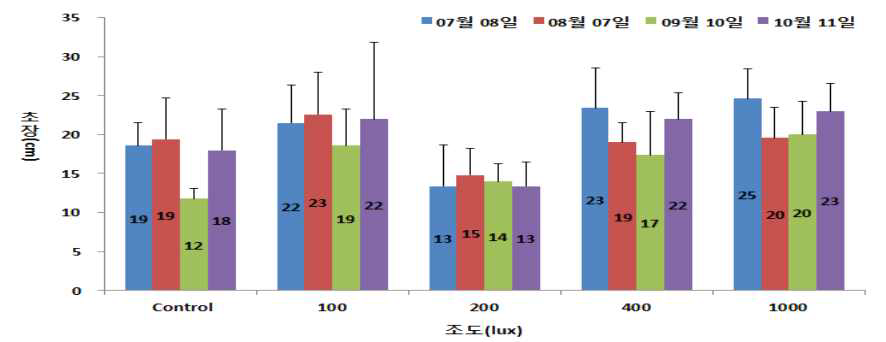 도깨비쇠고비의 실내 조도별 초장 변화.