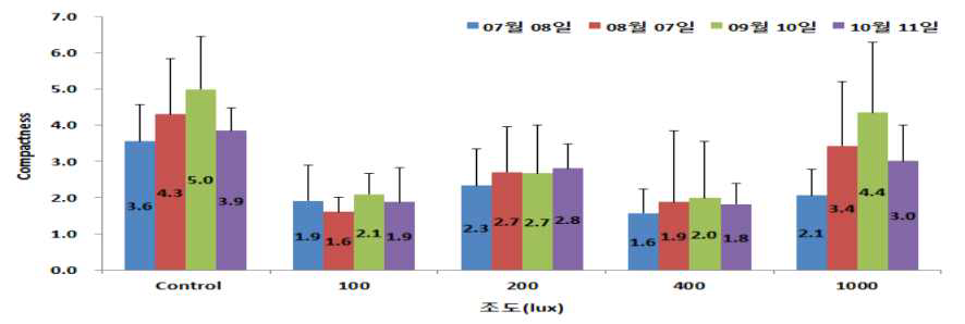 봉의꼬리의 실내 조도별 compactness(초폭/초장) 변화