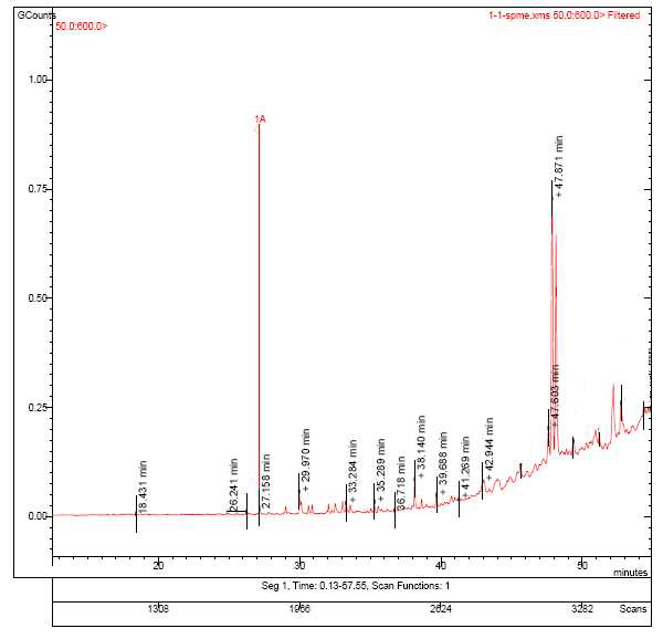 GC chromatogram of volatile flavor components in S. deltoides collected from Gangneung-si.