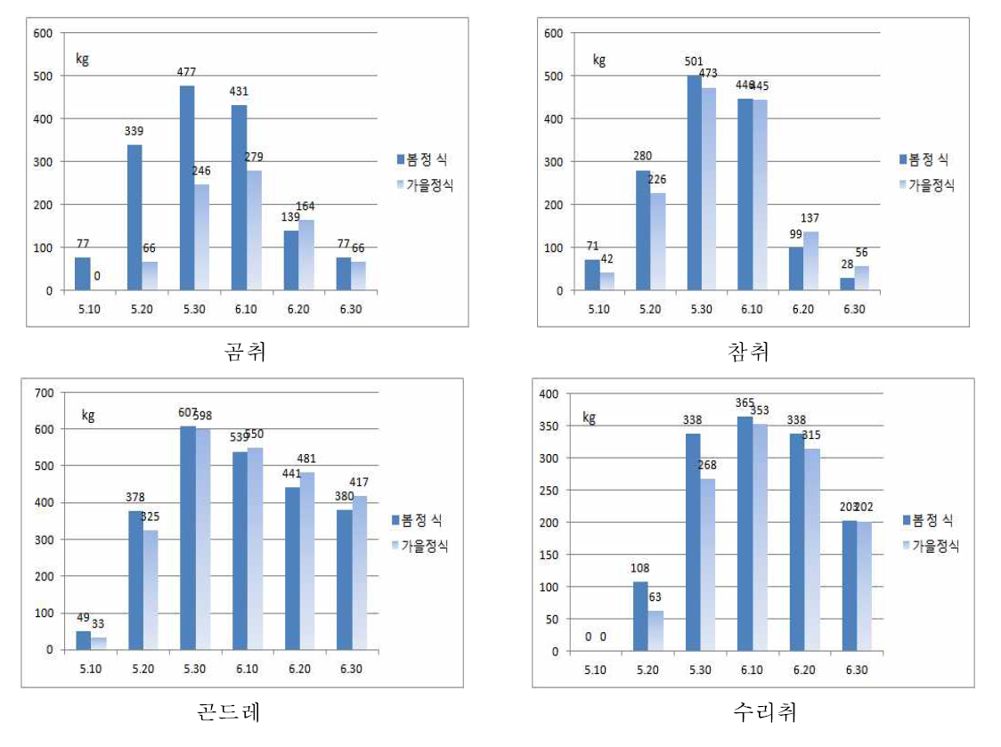 근권냉방 여름육묘묘의 차년도 수확 시기별 수량