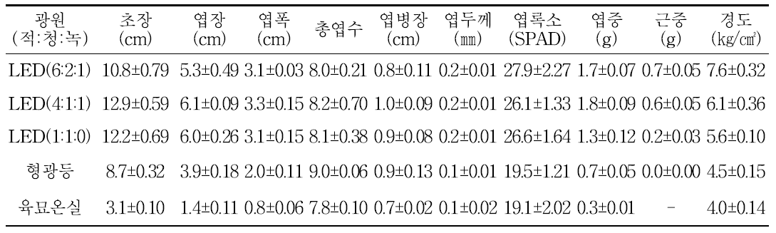 광처리 별 곤드레의 생육 및 묘소질(파종 후 25일)