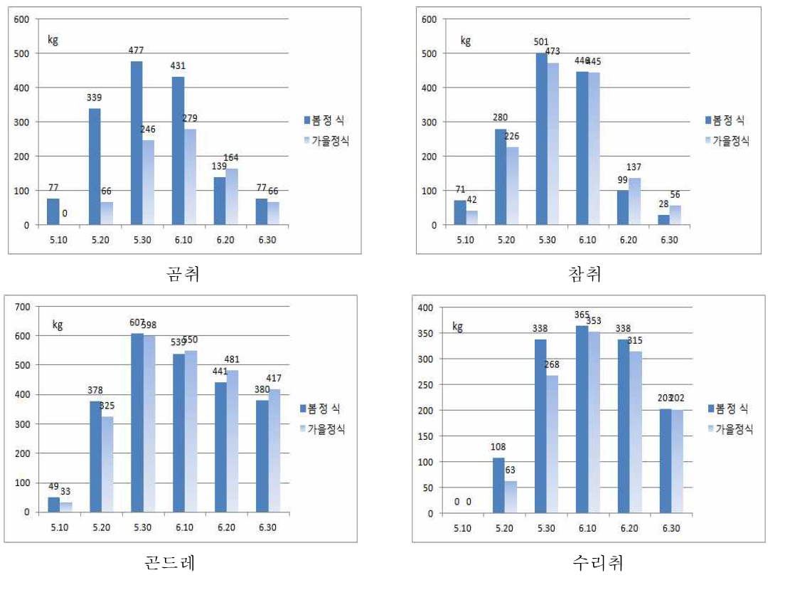 근권냉방 여름육묘묘의 차년도 수확 시기별 수량