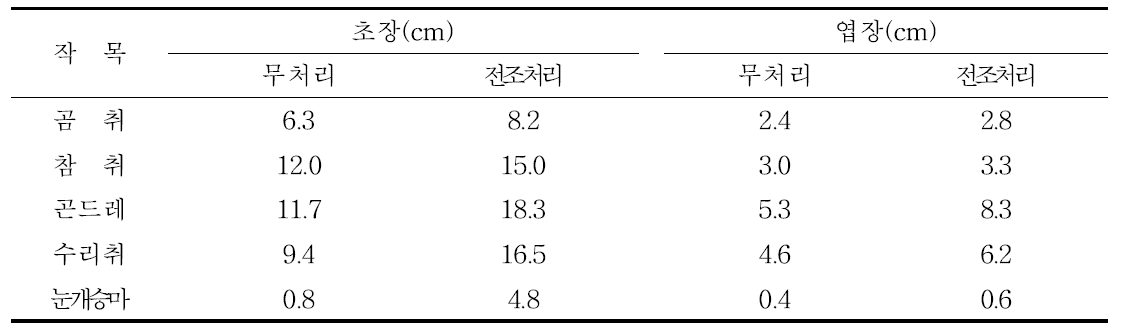 여름 야간 전조처리시 생육(초장, 엽장) 비교