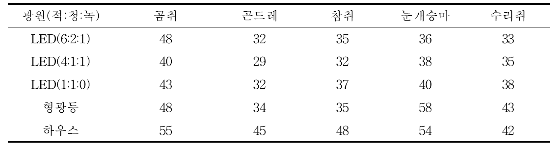 LED광 조건별 육묘 소요일수(90%이상 네팅 완료시점)