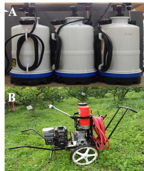 단감탄저병 방제에 사용한 분무기 종류. A: 손분무기, B: 기계식 분무기.