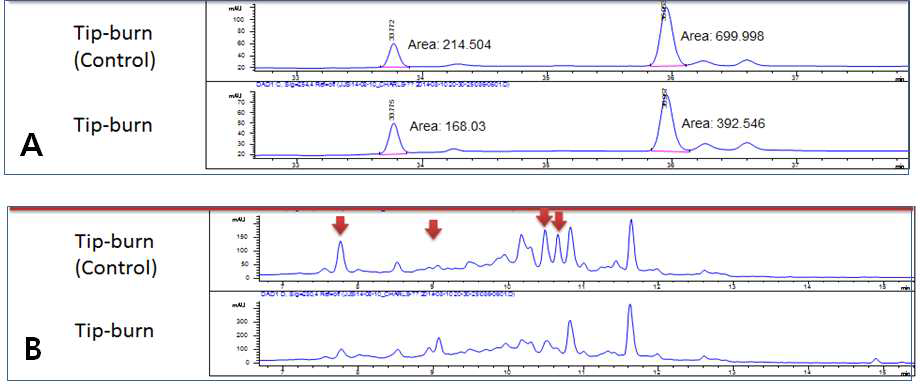 Comparison of control and tip-burn of strawberry leaves by using HPLC.