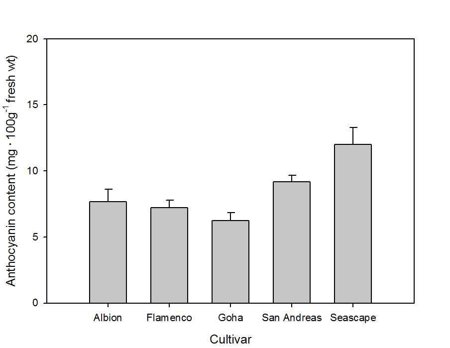 Anthocyanin content in fruits of everbearing strawberries grown on highland (700 m above sea level) in Pyeongchang area in 2013. The data presented the means ± SE (n=10).