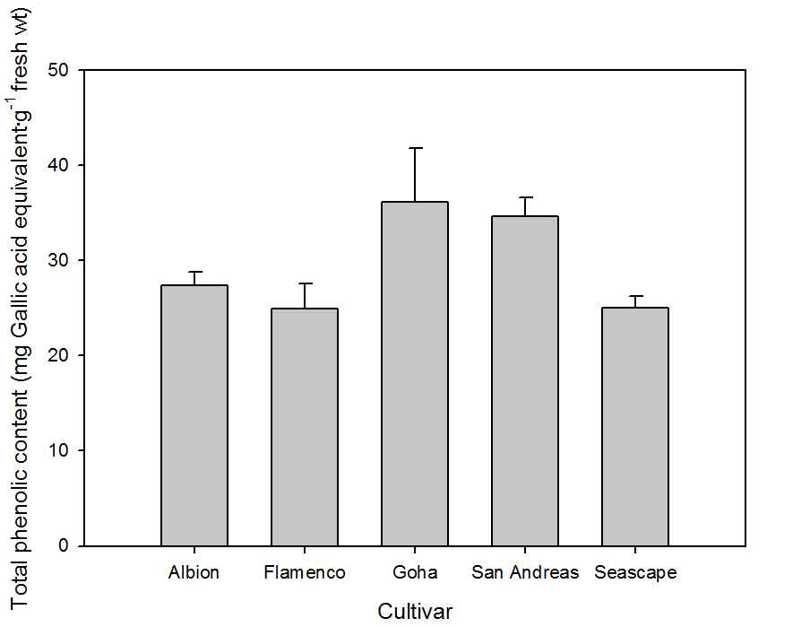 Total phenolic content in fruits of everbearing strawberries grown on highland (700 m above sea level) in Pyeongchang area in 2013. The data presented the means ± SE (n=10).