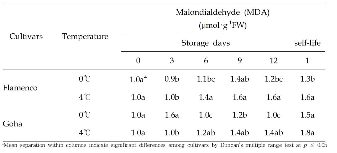 Changes in malondialdehyde of storage periods for 12 days at 0℃ and 4℃ and additional shelf life for 1 day at 25℃ of ‘Flamenco’ and ‘Goha‘ strawberries grown on high land in Pyeongchang area in 2014.