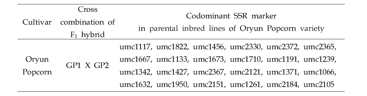 오륜팝콘 품종의 교배친 자식계통들에서 다형성을 나타내는 SSR primer 목록